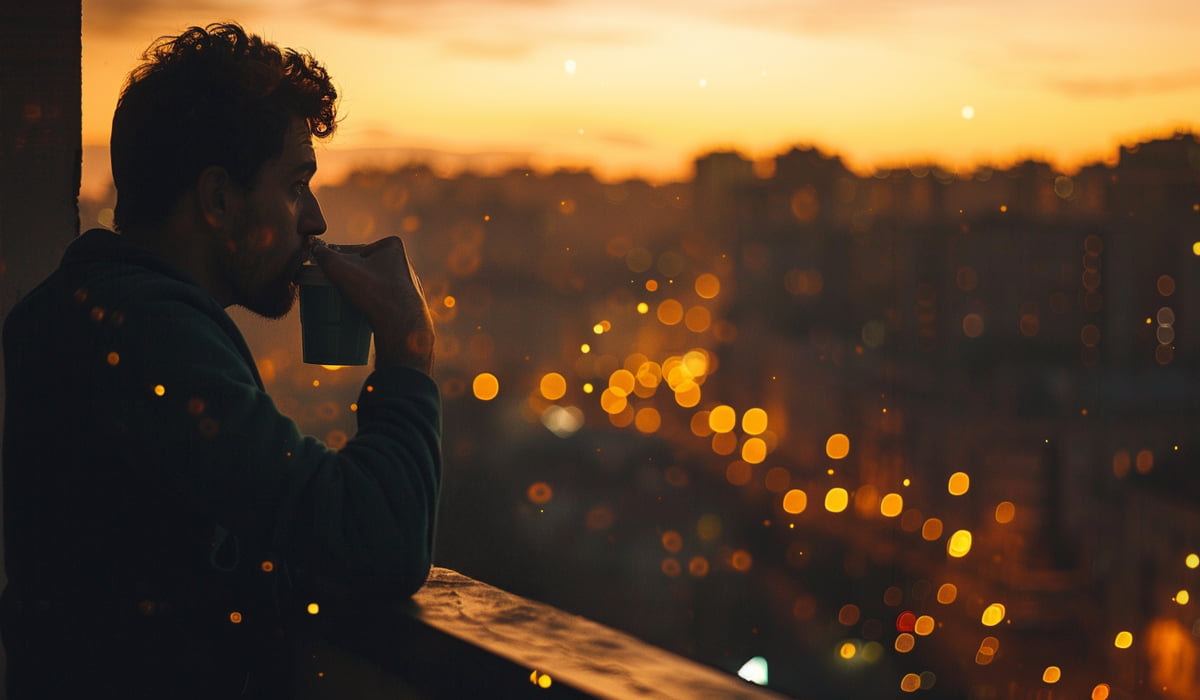 בחור בדיכאון בוהה בעיר מלמעלה