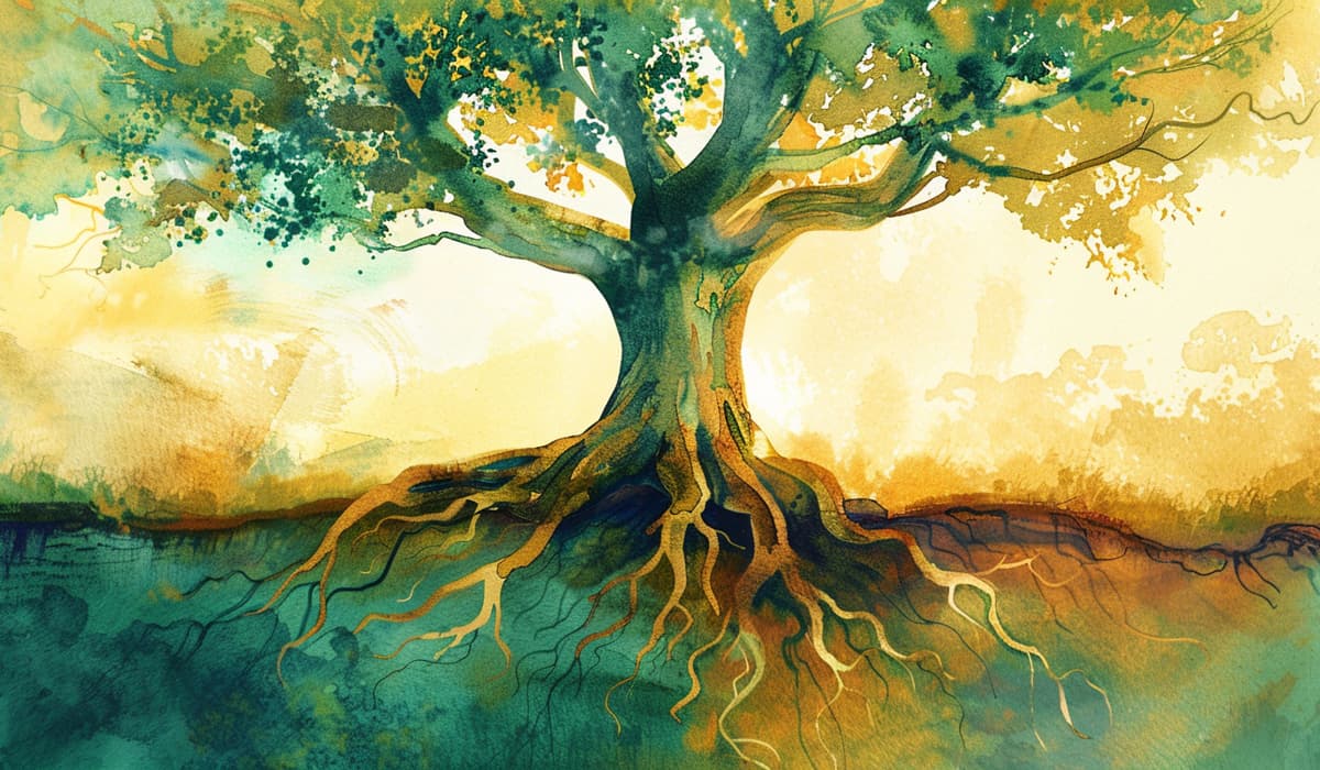הגישה האינטגרטיבית בפסיכותרפיה איור של עץ עם שורשים ממקורות שונים המתחברים לגזע אחד חזק