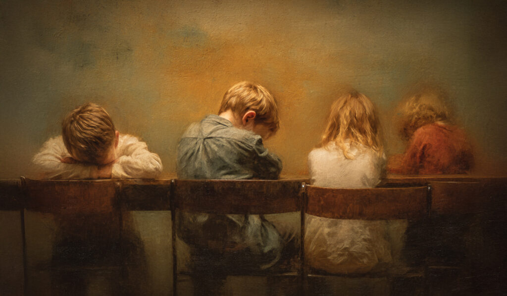 Four Children Sitting At A Long Table Seen From Behind
