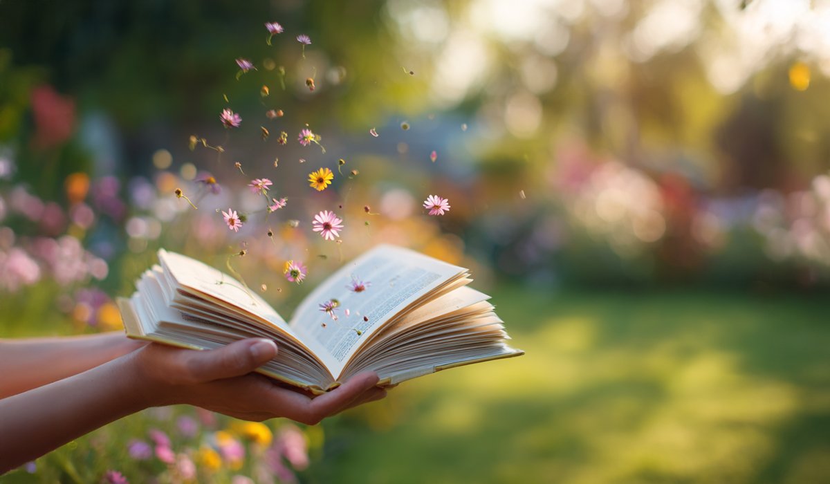 Hands Holding An Open Colorful Workbook In A Sunlit Garden