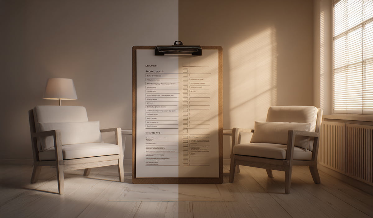 Split Image Transitioning From Cold Clinical Clipboard To Warm Therapy Room