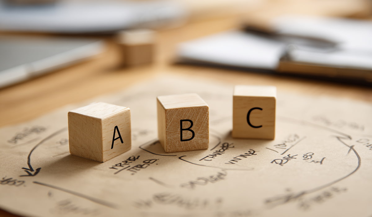 שלושה קוביות עץ מחוברות בחיצים על שולחן מטפל הממחישות את מודל ABC מאירוע לאמונה לתוצאה