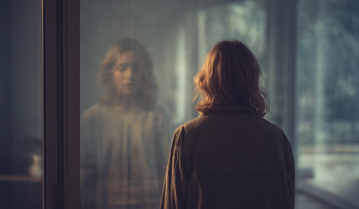 Woman Looking At Glass Door With Overlapping Reflections Of Her Adult Self And Inner Child
