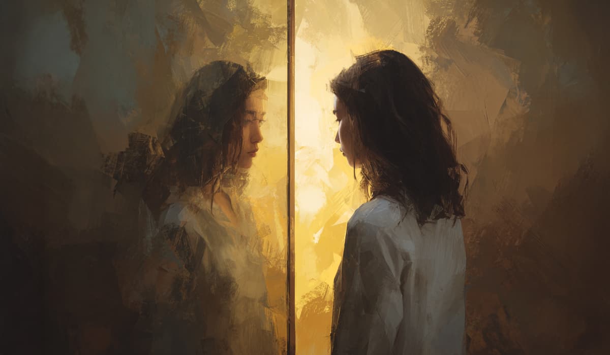 אישה עומדת בין שתי מראות, אחת חשוכה ומעוותת והשנייה חמה ובהירה סמל להבחנה בין הקול הביקורתי לעצמי המקודש