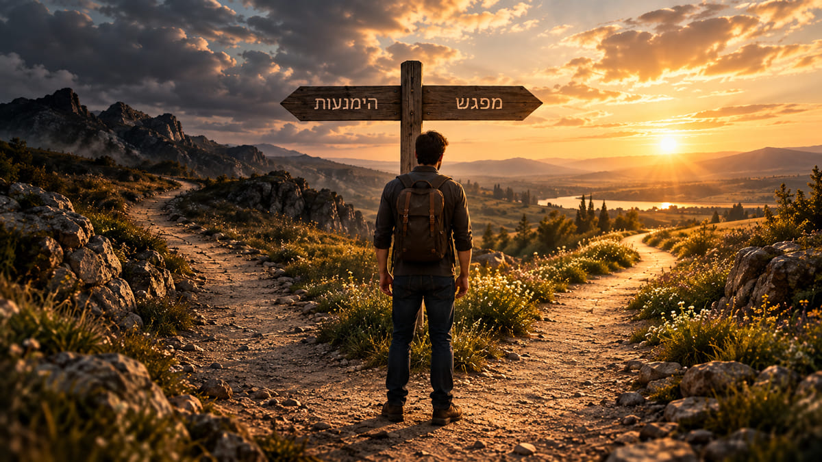 אדם עומד בצומת בין שני שבילים בנוף הררי, כמטאפורה לבחירה בין הימנעות למפגש עם קושי